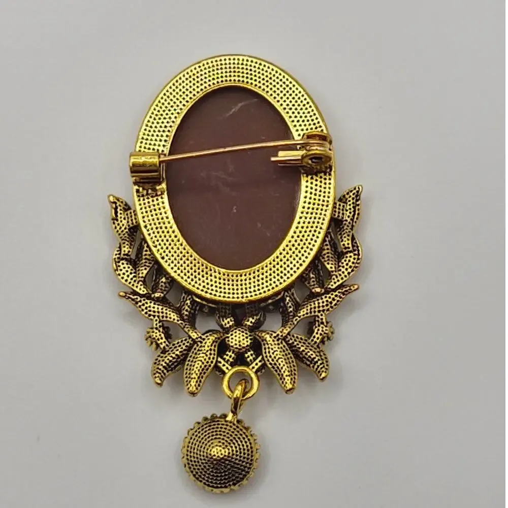 Beige Cameo Dangle Brooch Faux Jewel and Rhinestone Elegant